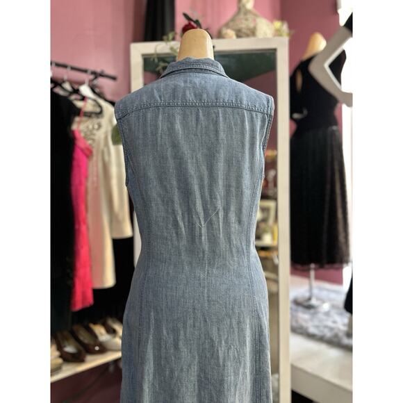 Vintage 90s Linen Maxi Dress Sleeveless Button Down Minimalist Light Wash M/L - Picture 7 of 8